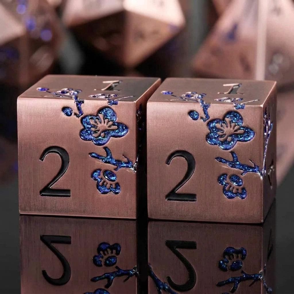 Metal Mahjong Dice | D6 Pair for Mah Jongg | Engraved Sakura Cherry Blossom Dice | Unique Color-Matched Sets