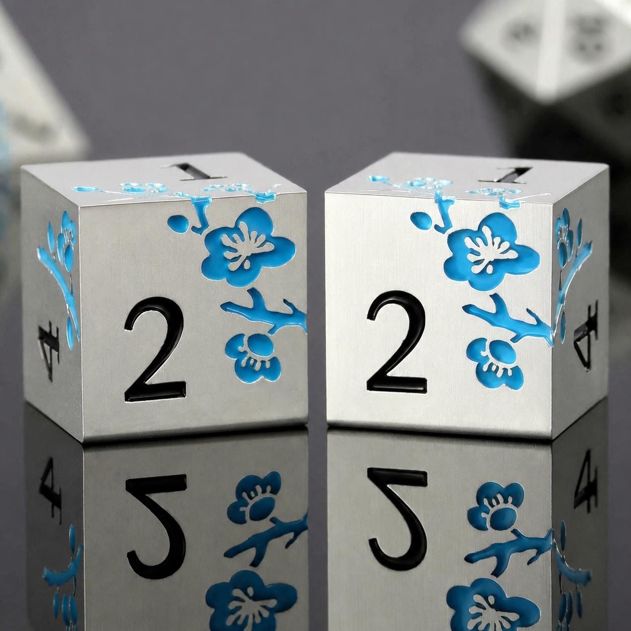 Metal Mahjong Dice | D6 Pair for Mah Jongg | Engraved Sakura Cherry Blossom Dice | Unique Color-Matched Sets