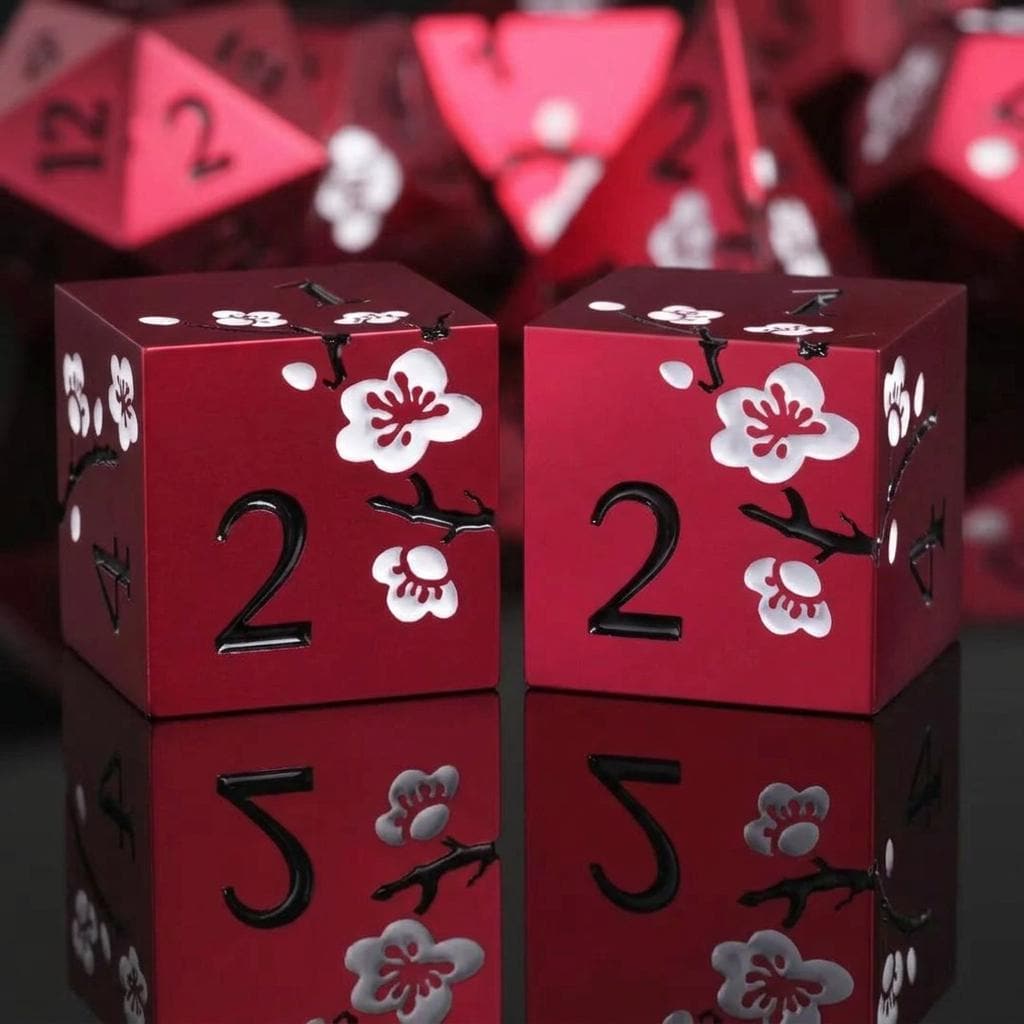 Metal Mahjong Dice | D6 Pair for Mah Jongg | Engraved Sakura Cherry Blossom Dice | Unique Color-Matched Sets
