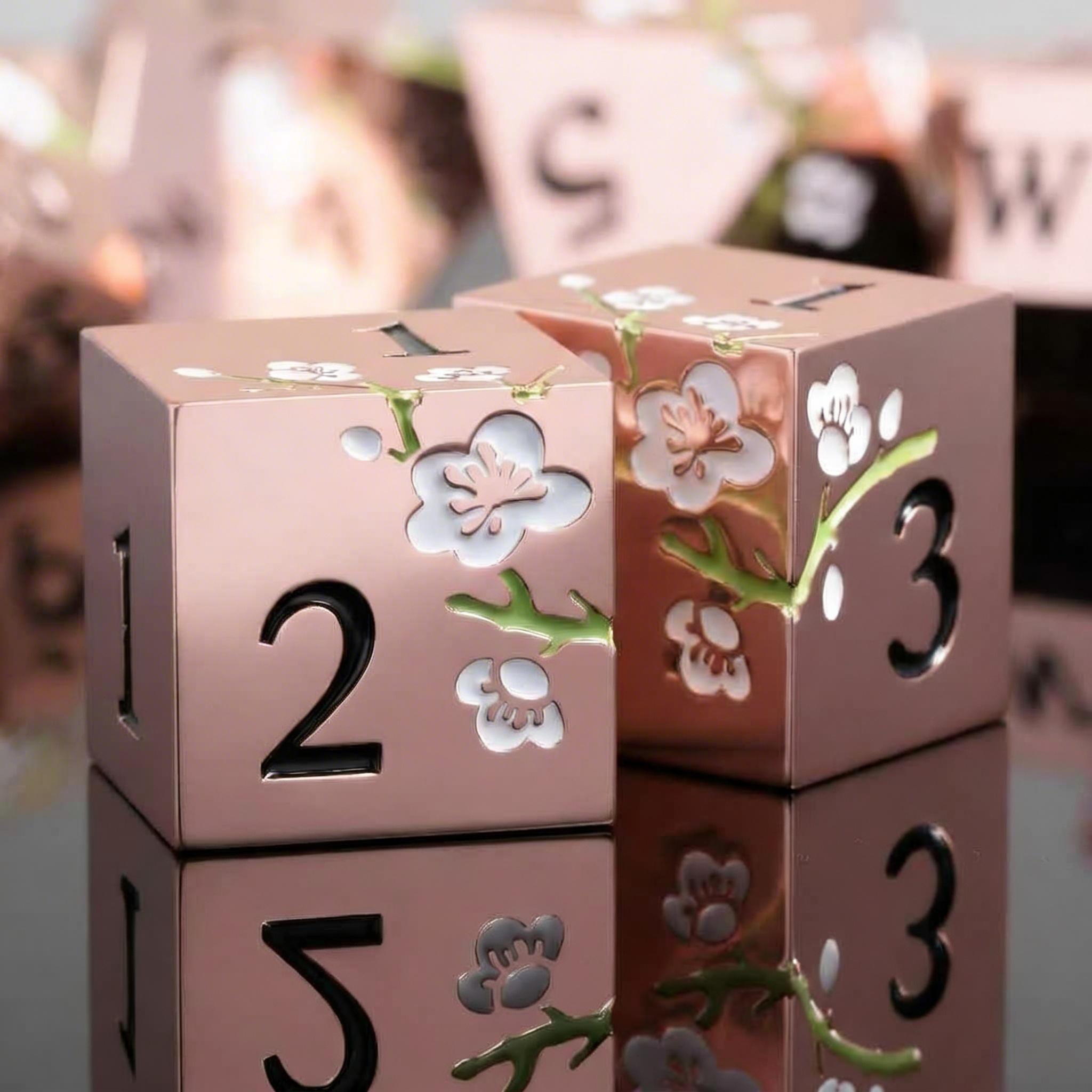 Metal Mahjong Dice | D6 Pair for Mah Jongg | Engraved Sakura Cherry Blossom Dice | Unique Color-Matched Sets