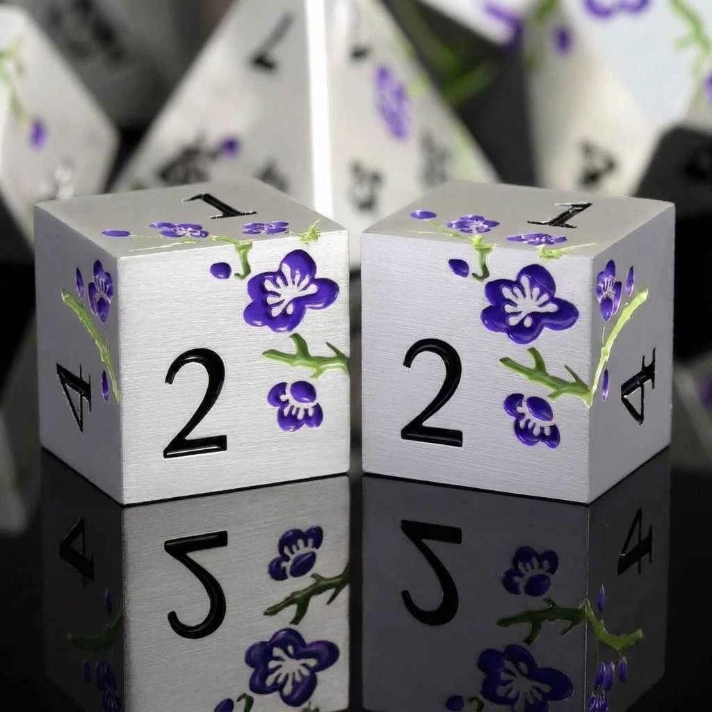 Metal Mahjong Dice | D6 Pair for Mah Jongg | Engraved Sakura Cherry Blossom Dice | Unique Color-Matched Sets