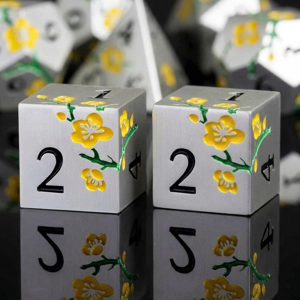 Metal Mahjong Dice | D6 Pair for Mah Jongg | Engraved Sakura Cherry Blossom Dice | Unique Color-Matched Sets