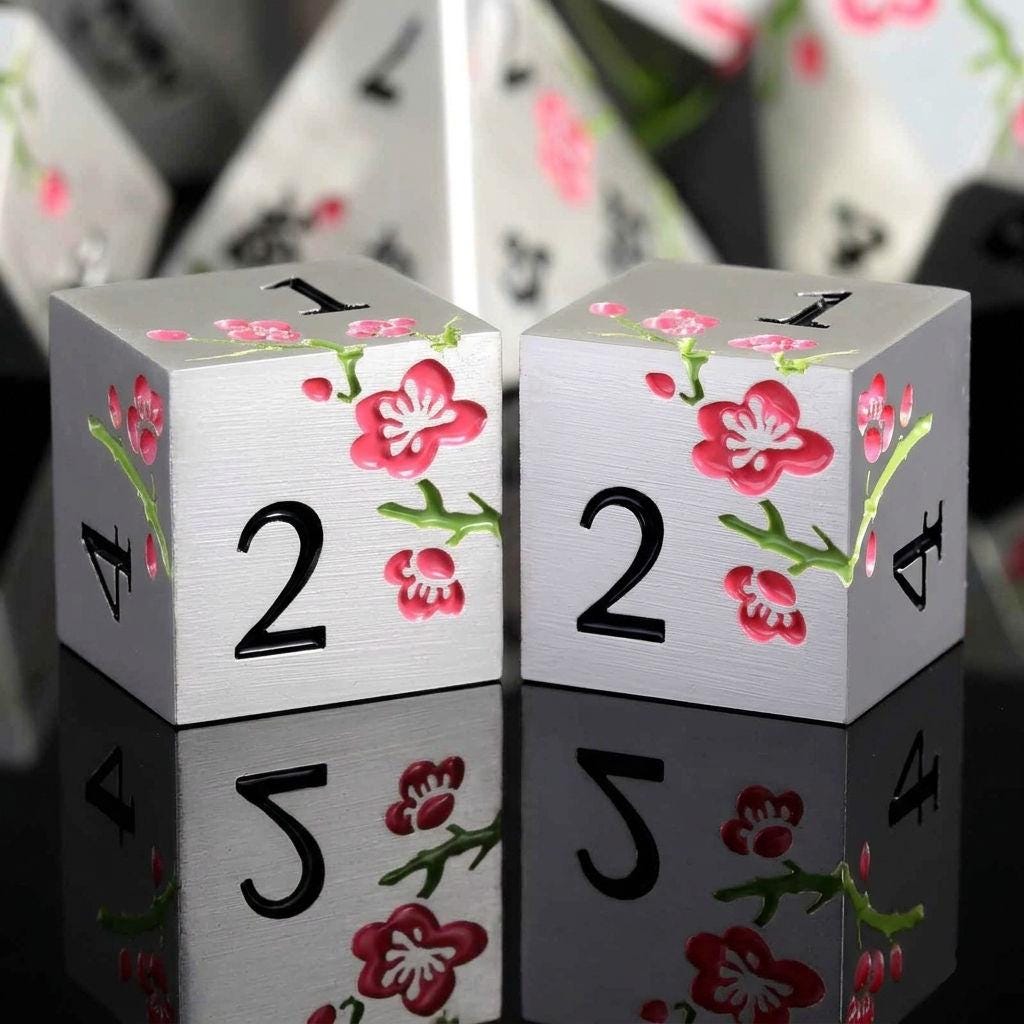 Metal Mahjong Dice | D6 Pair for Mah Jongg | Engraved Sakura Cherry Blossom Dice | Unique Color-Matched Sets