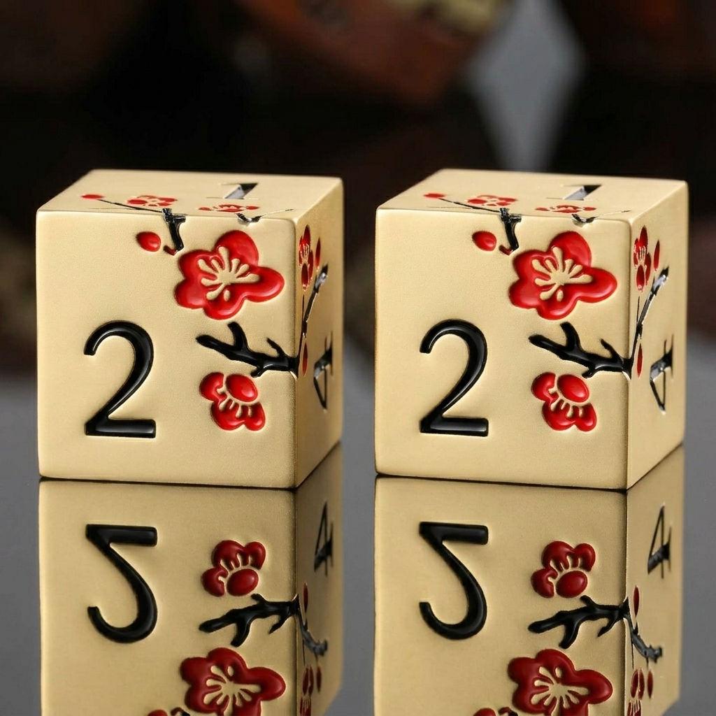 Metal Mahjong Dice | D6 Pair for Mah Jongg | Engraved Sakura Cherry Blossom Dice | Unique Color-Matched Sets