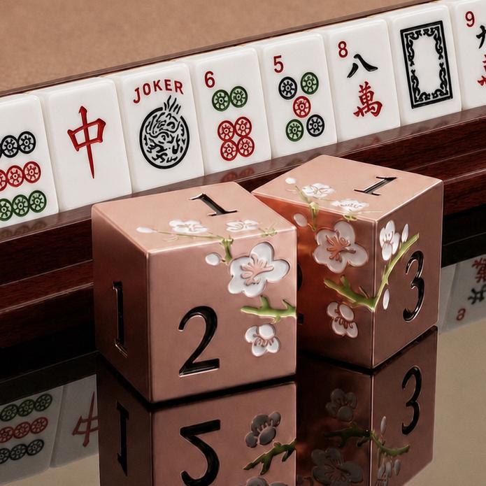 Metal Mahjong Dice | D6 Pair for Mah Jongg | Engraved Sakura Cherry Blossom Dice | Unique Color-Matched Sets