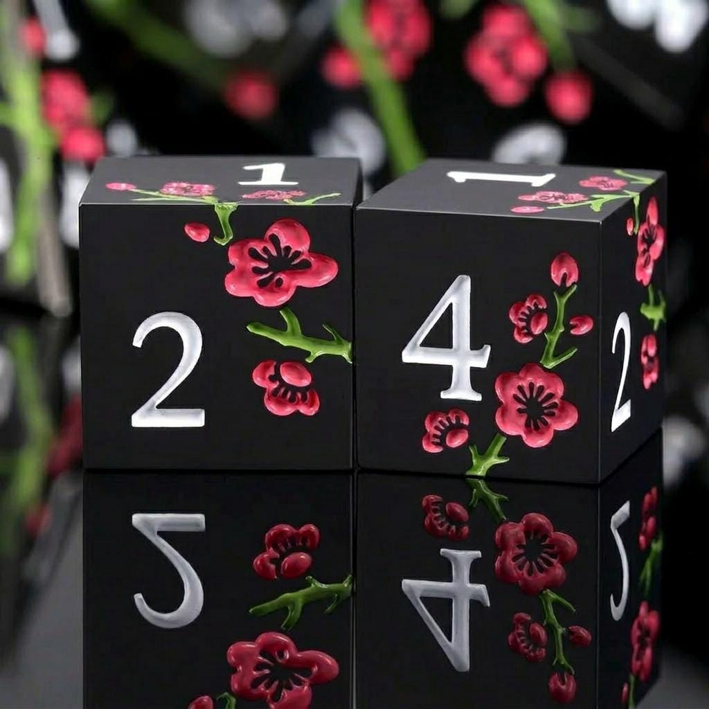 Metal Mahjong Dice | D6 Pair for Mah Jongg | Engraved Sakura Cherry Blossom Dice | Unique Color-Matched Sets
