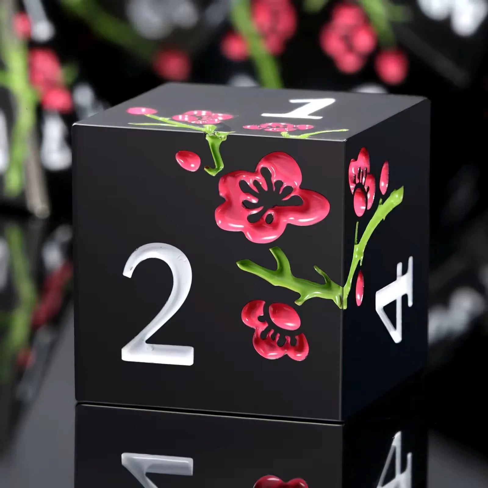 Metal Mahjong Dice | D6 Pair for Mah Jongg | Engraved Sakura Cherry Blossom Dice | Unique Color-Matched Sets