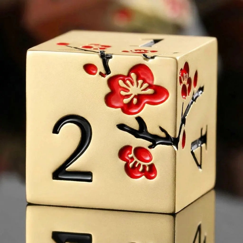 Metal Mahjong Dice | D6 Pair for Mah Jongg | Engraved Sakura Cherry Blossom Dice | Unique Color-Matched Sets
