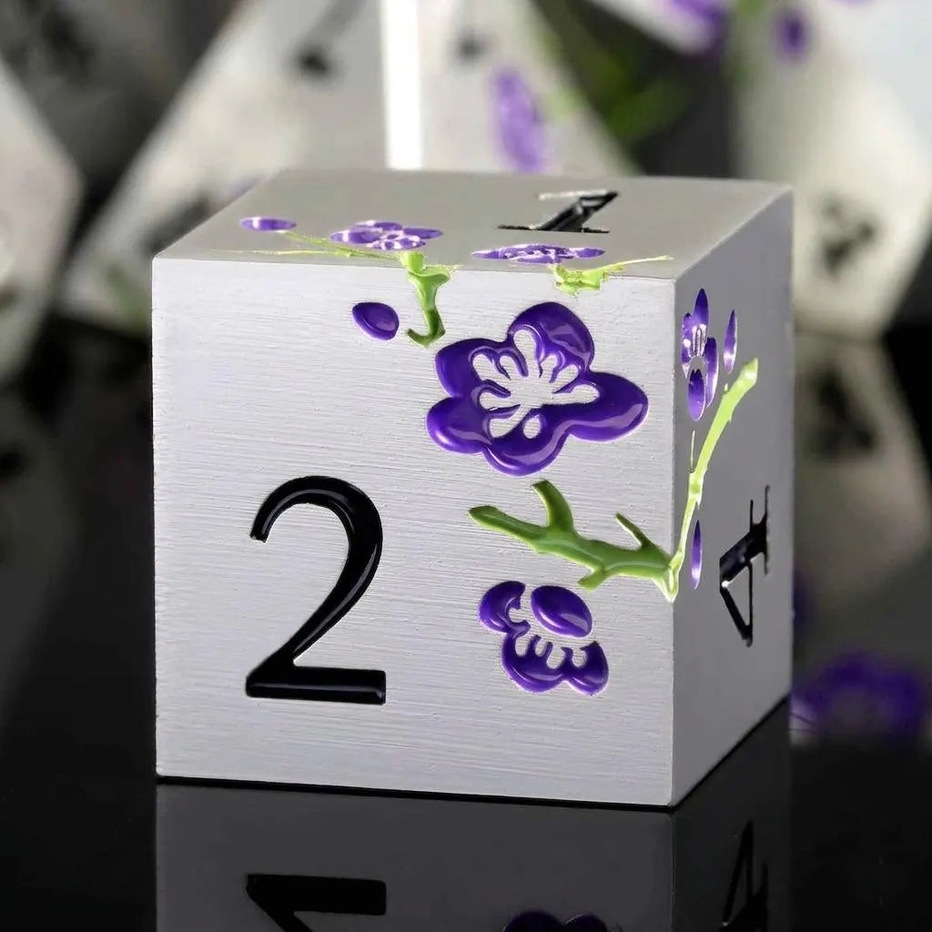 Metal Mahjong Dice | D6 Pair for Mah Jongg | Engraved Sakura Cherry Blossom Dice | Unique Color-Matched Sets