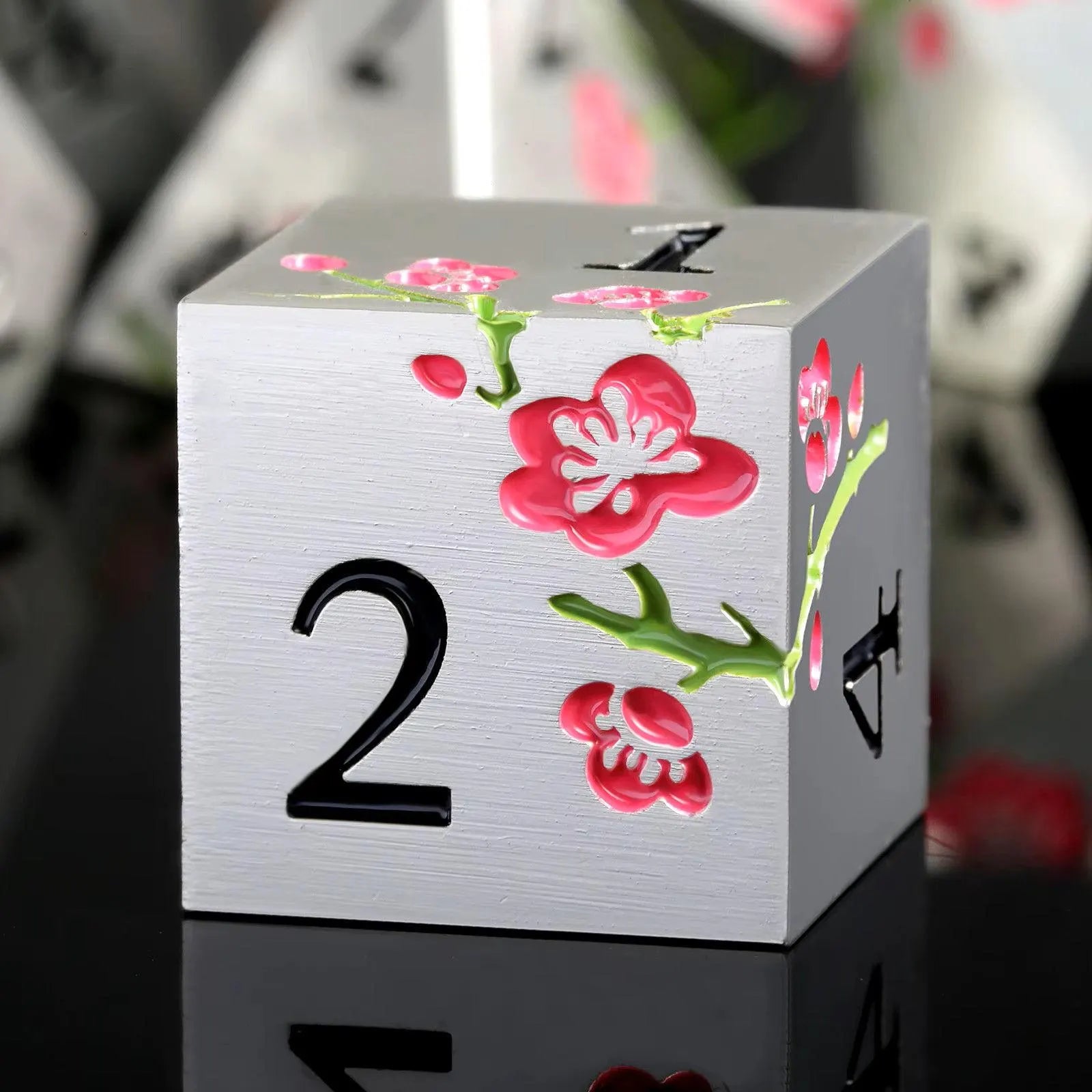Metal Mahjong Dice | D6 Pair for Mah Jongg | Engraved Sakura Cherry Blossom Dice | Unique Color-Matched Sets