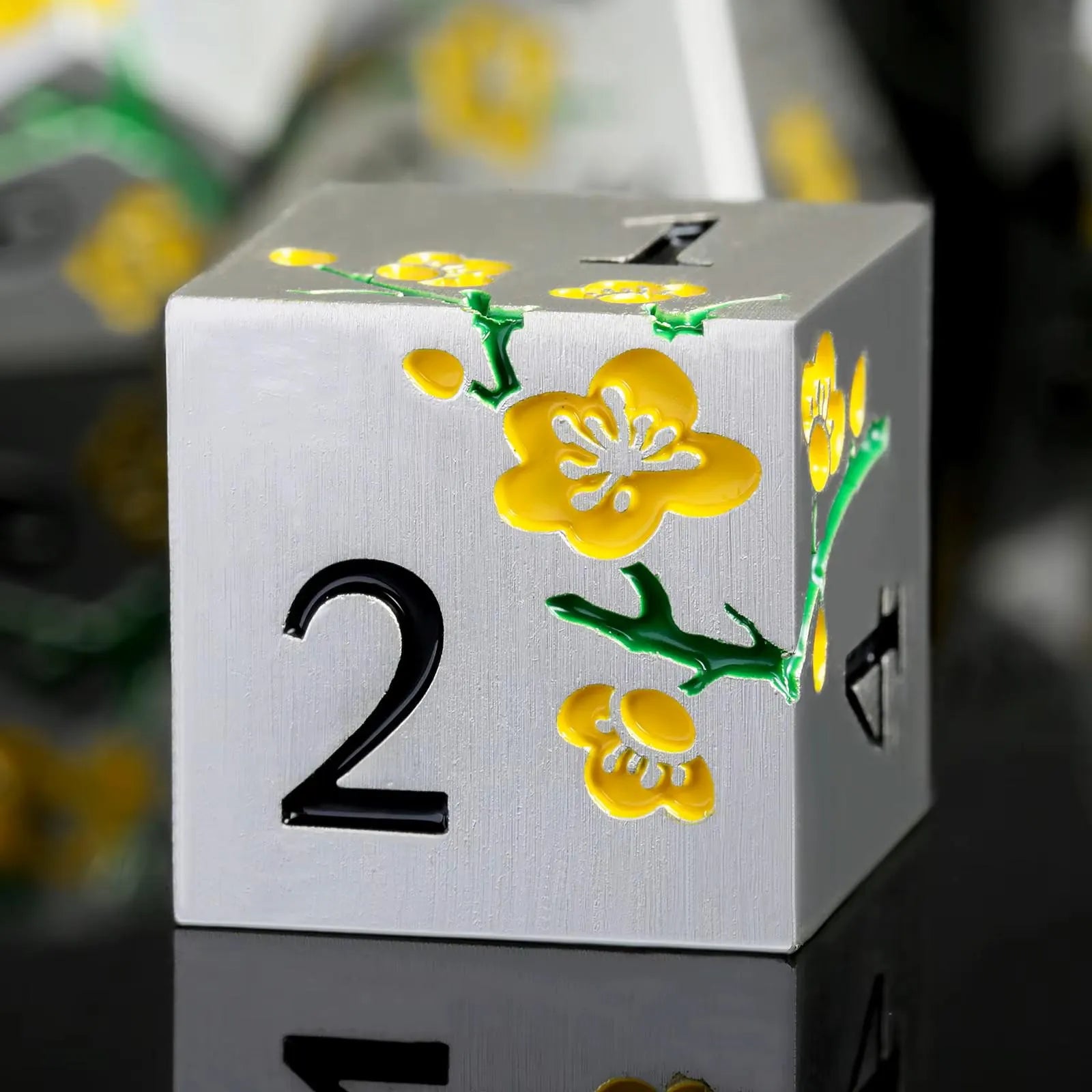 Metal Mahjong Dice | D6 Pair for Mah Jongg | Engraved Sakura Cherry Blossom Dice | Unique Color-Matched Sets